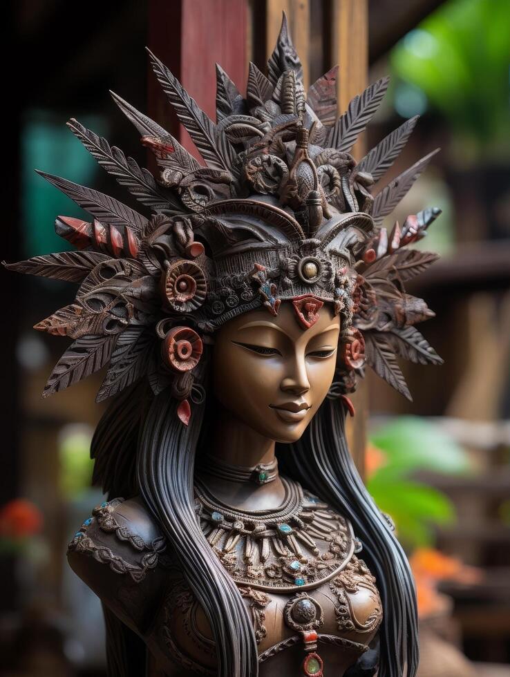 Ornate tribal mask with feathers and jewelry photo
