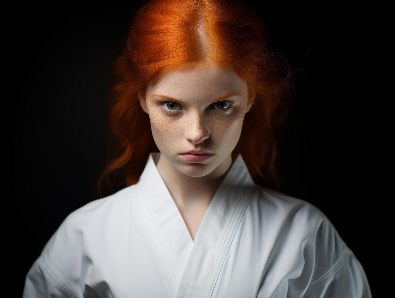 Intense gaze of a serious young woman with fiery red hair photo