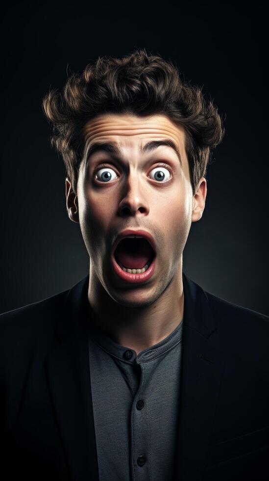 Surprised and shocked man with wide eyes and open mouth photo