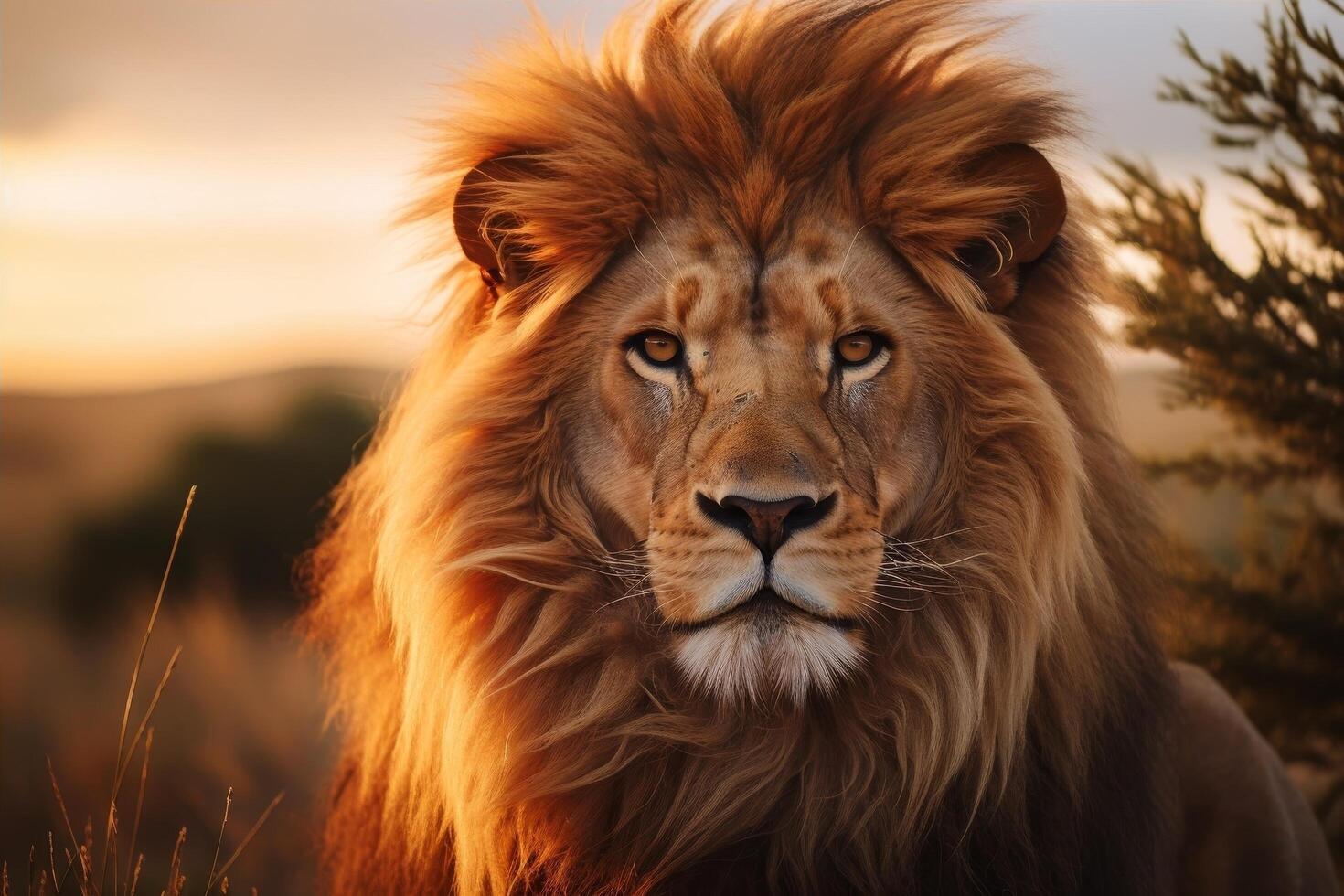 Majestic lion with flowing mane in golden sunset photo