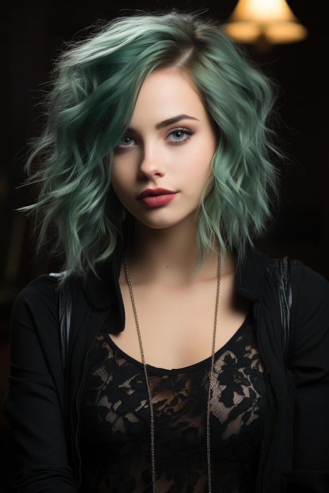 woman with vibrant green hair and dark makeup photo