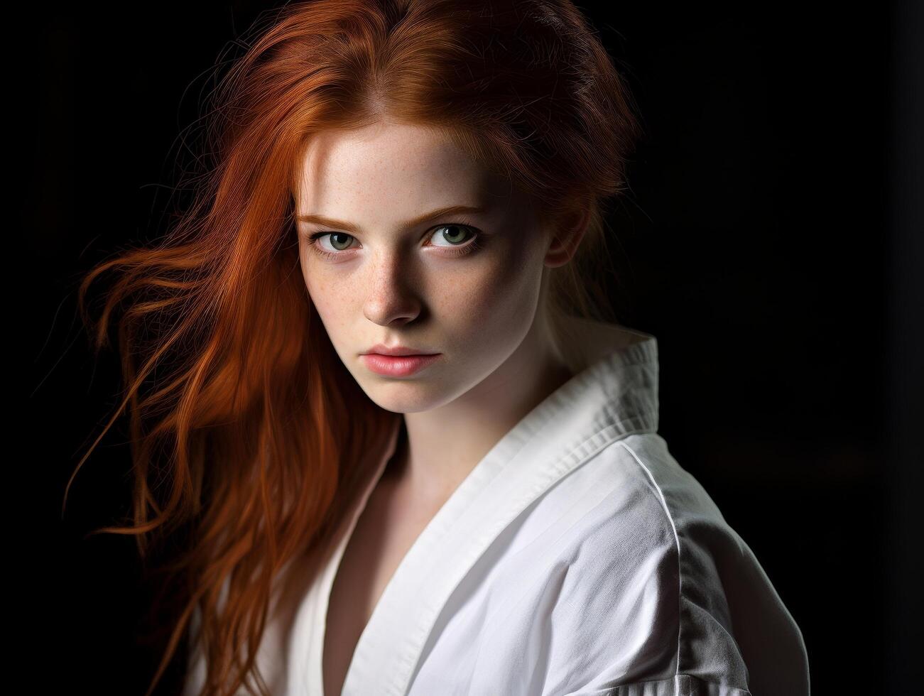 Intense gaze of a young woman with vibrant red hair photo