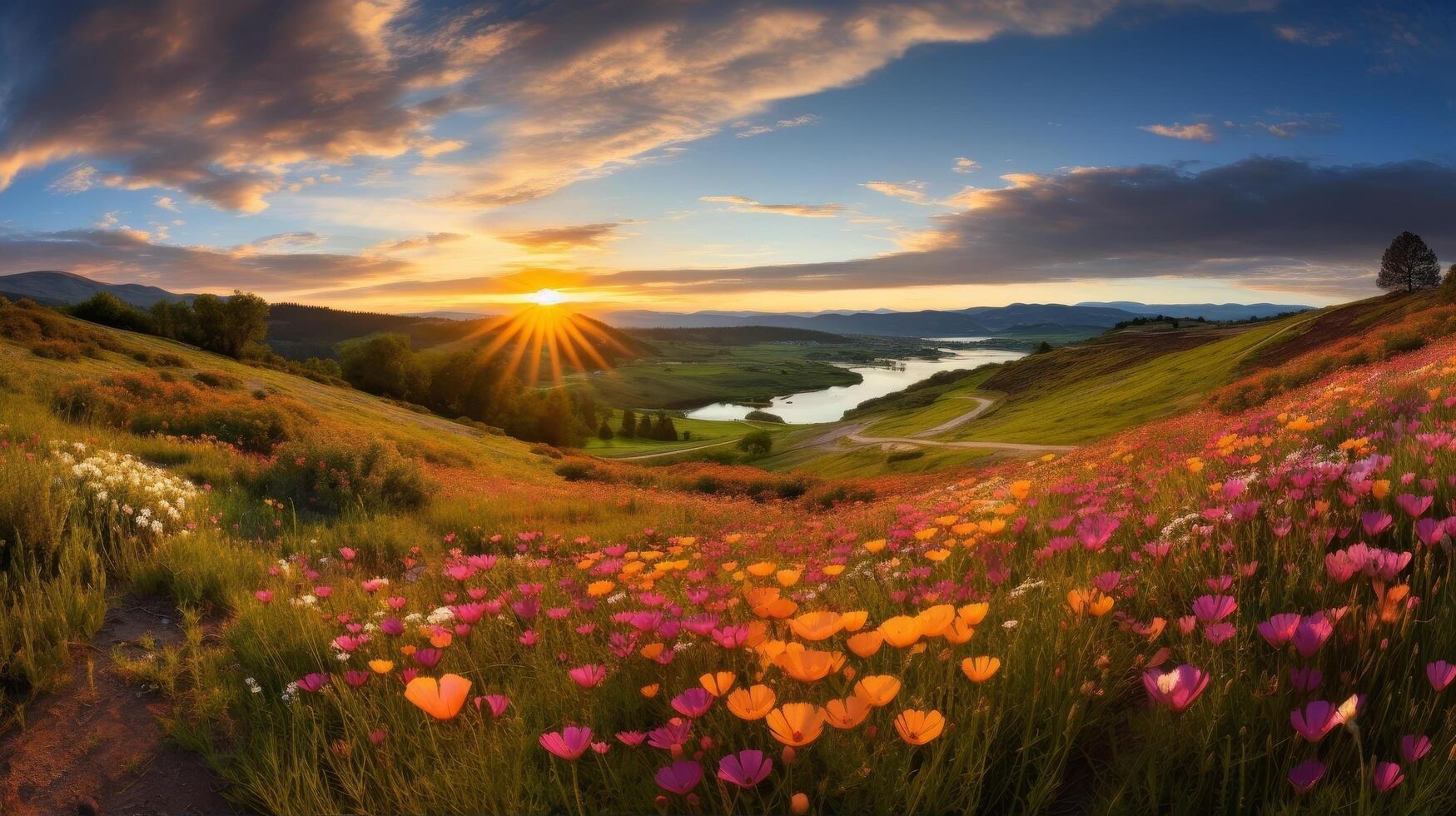 Stunning sunset over a colorful meadow landscape photo