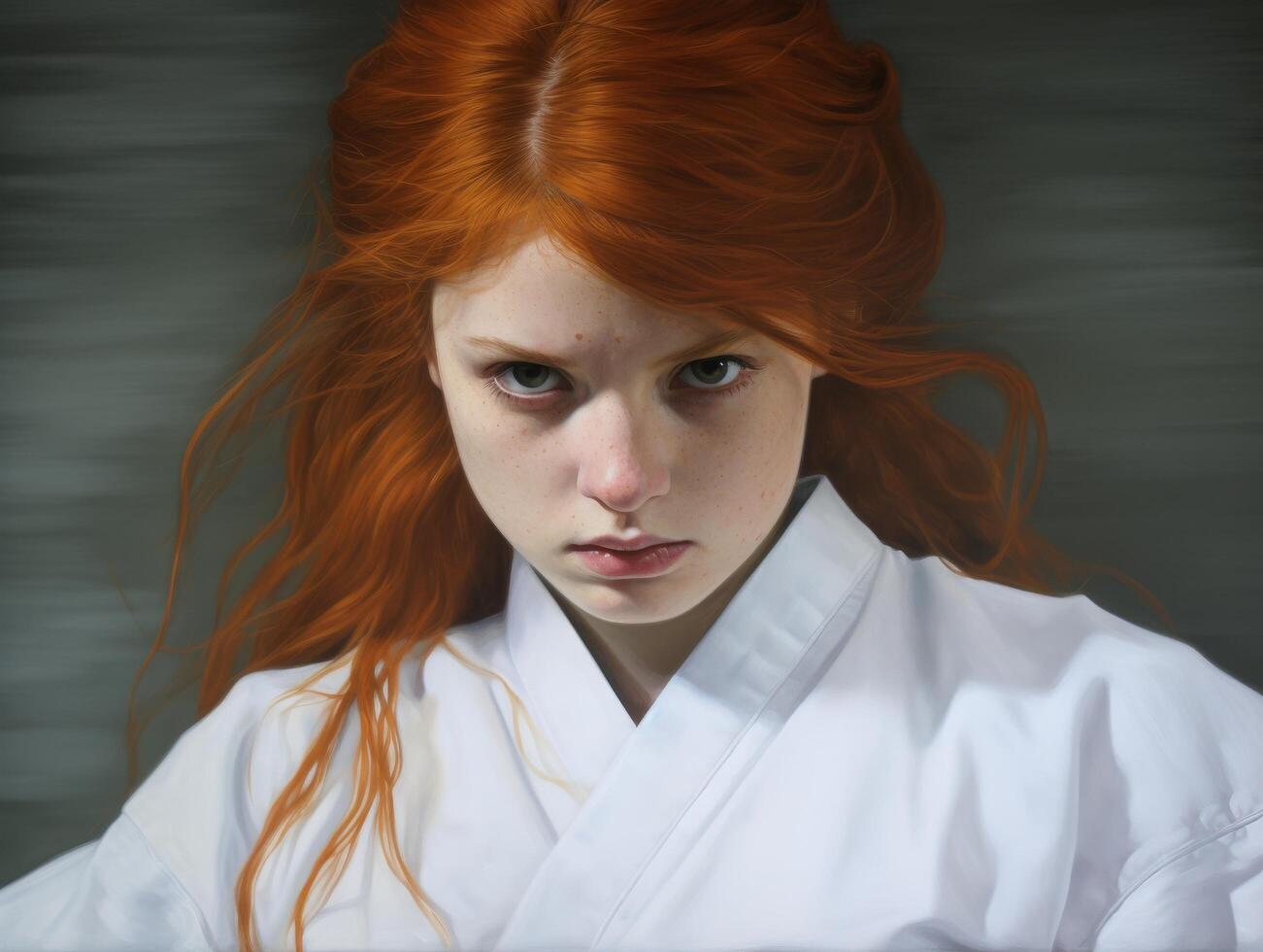 Serious young woman with long red hair in white kimono photo
