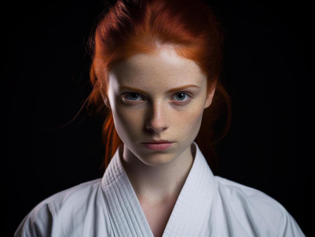 Intense redhead woman in white kimono photo