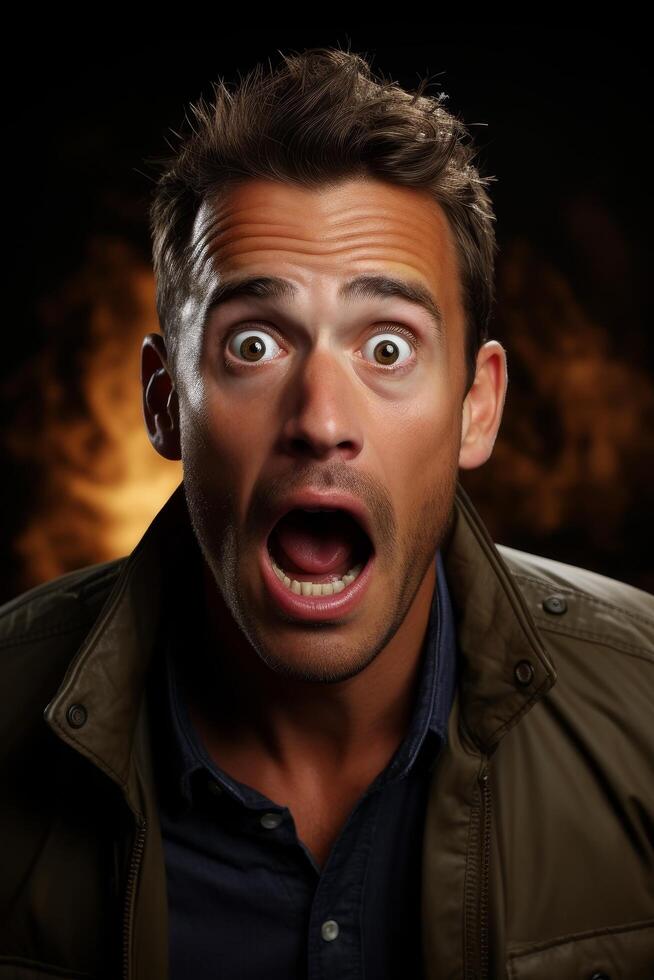 Surprised man with wide eyes and open mouth photo