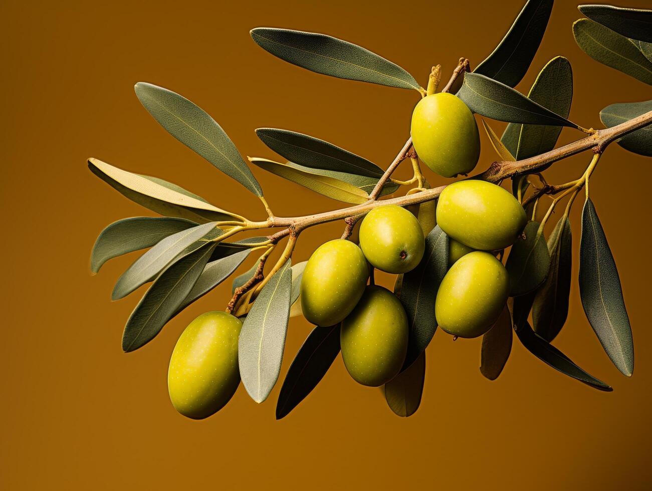 Close up of fresh green olives on branch with leaves photo