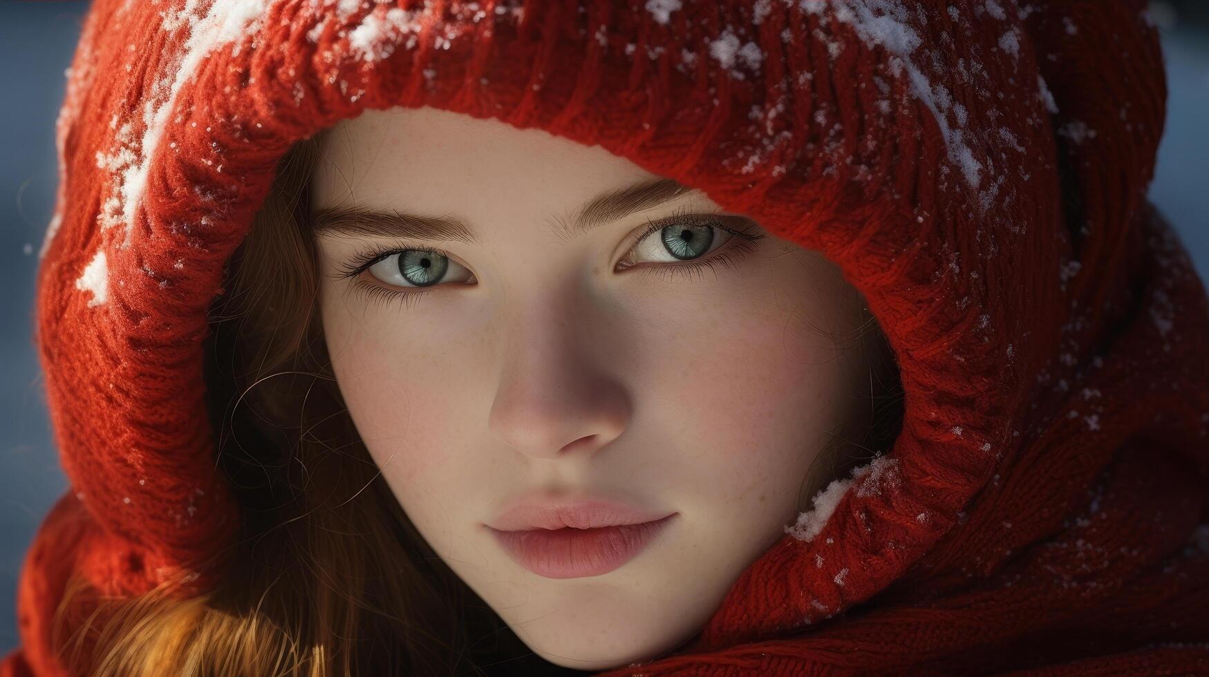 Captivating portrait of a young woman in a cozy red winter hat photo