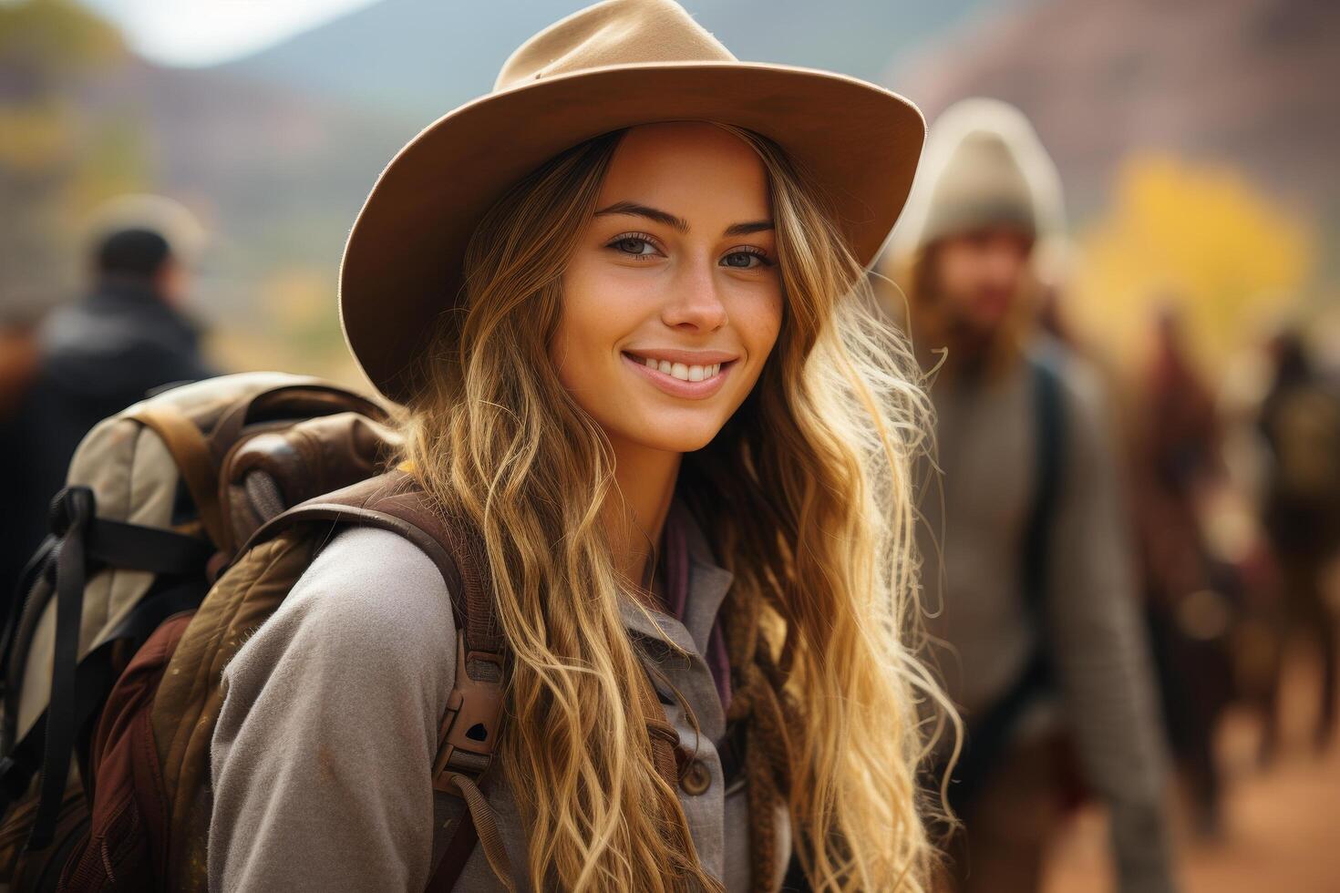 Smiling woman in hat and backpack photo