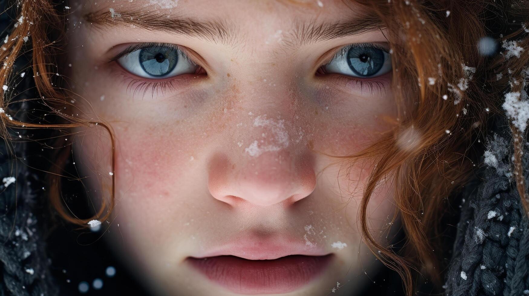 close up portrait of a young girl with blue eyes in the snow photo