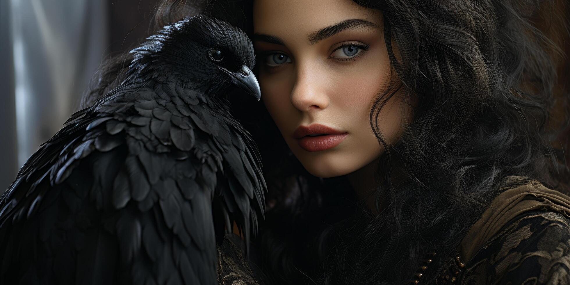 mysterious woman with raven companion photo