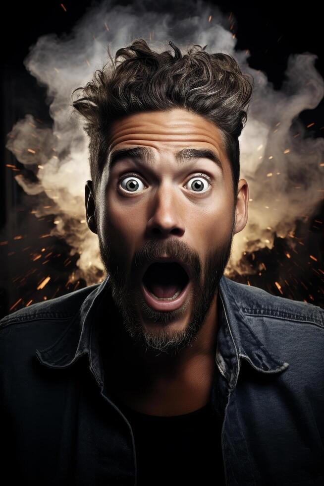 Shocked man with dramatic expression and explosion in background photo
