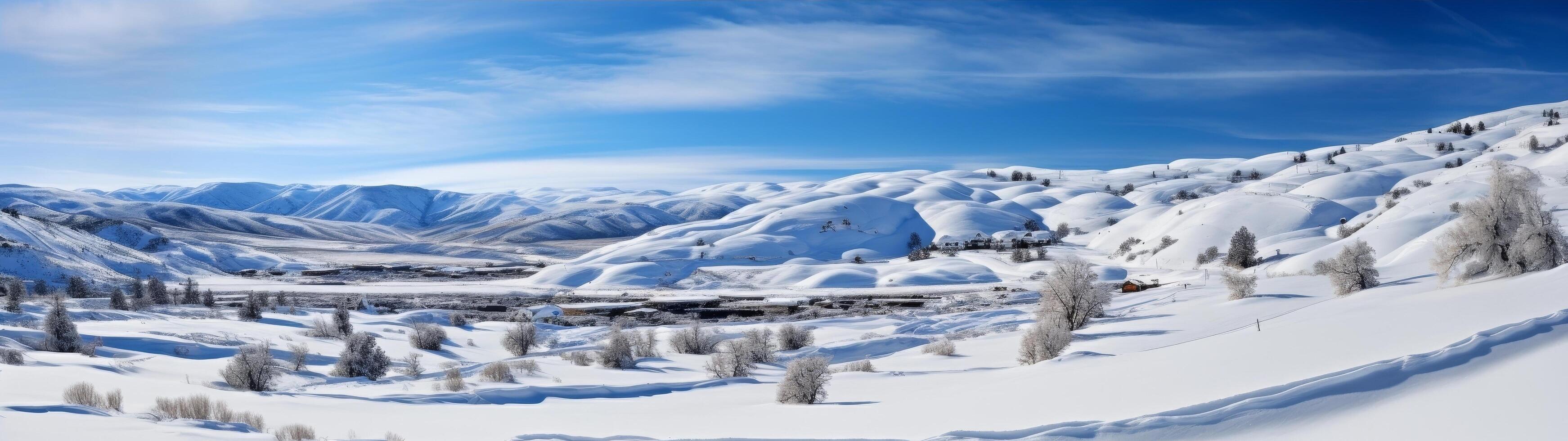 Panoramic view of a snowy mountain landscape photo