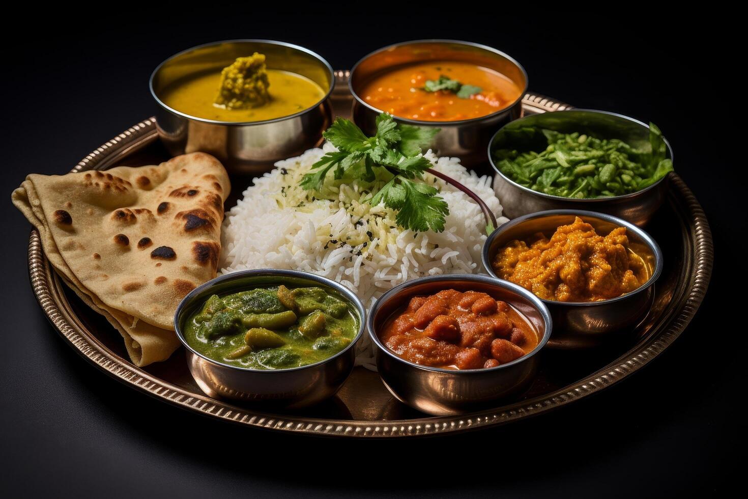 Assorted indian curry dishes with rice and naan bread photo