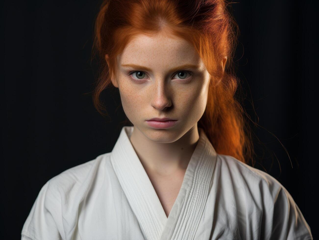 Intense gaze of a young woman with vibrant red hair photo