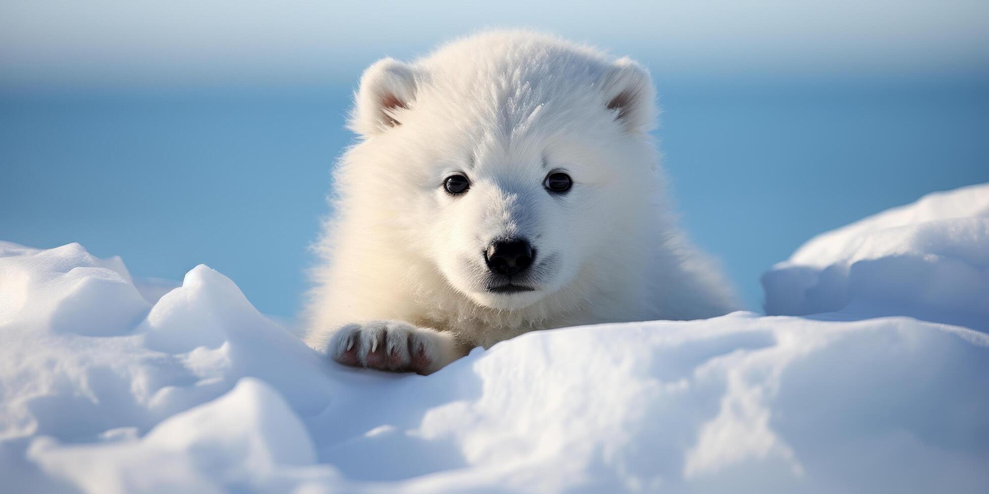 Adorable white polar bear cub in the snow photo