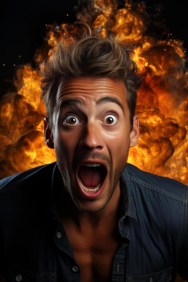 Shocked man with dramatic expression against fiery background photo