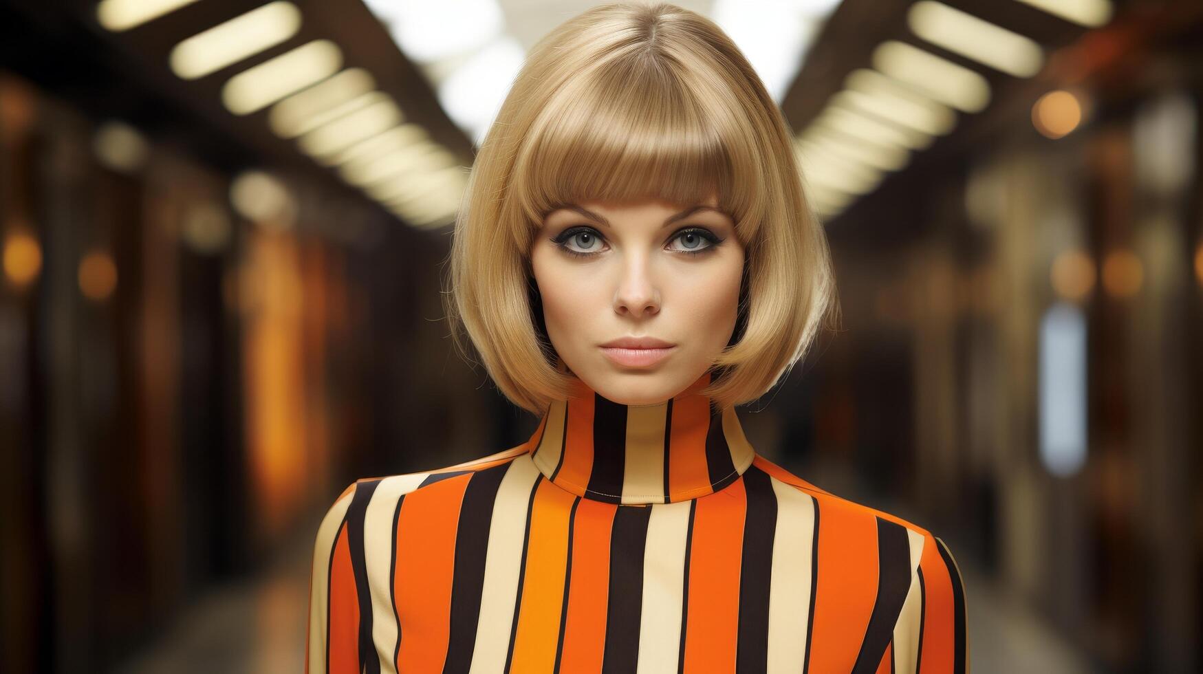 Stylish woman with blonde bob haircut wearing bold striped outfit photo