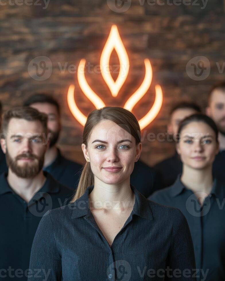 Confident female leader standing in front of her team, corporate success and teamwork concept photo