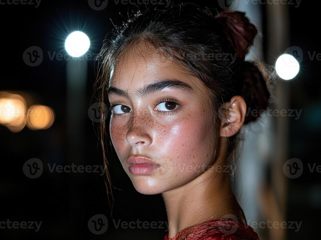Close up portrait of a young woman with freckles at night photo