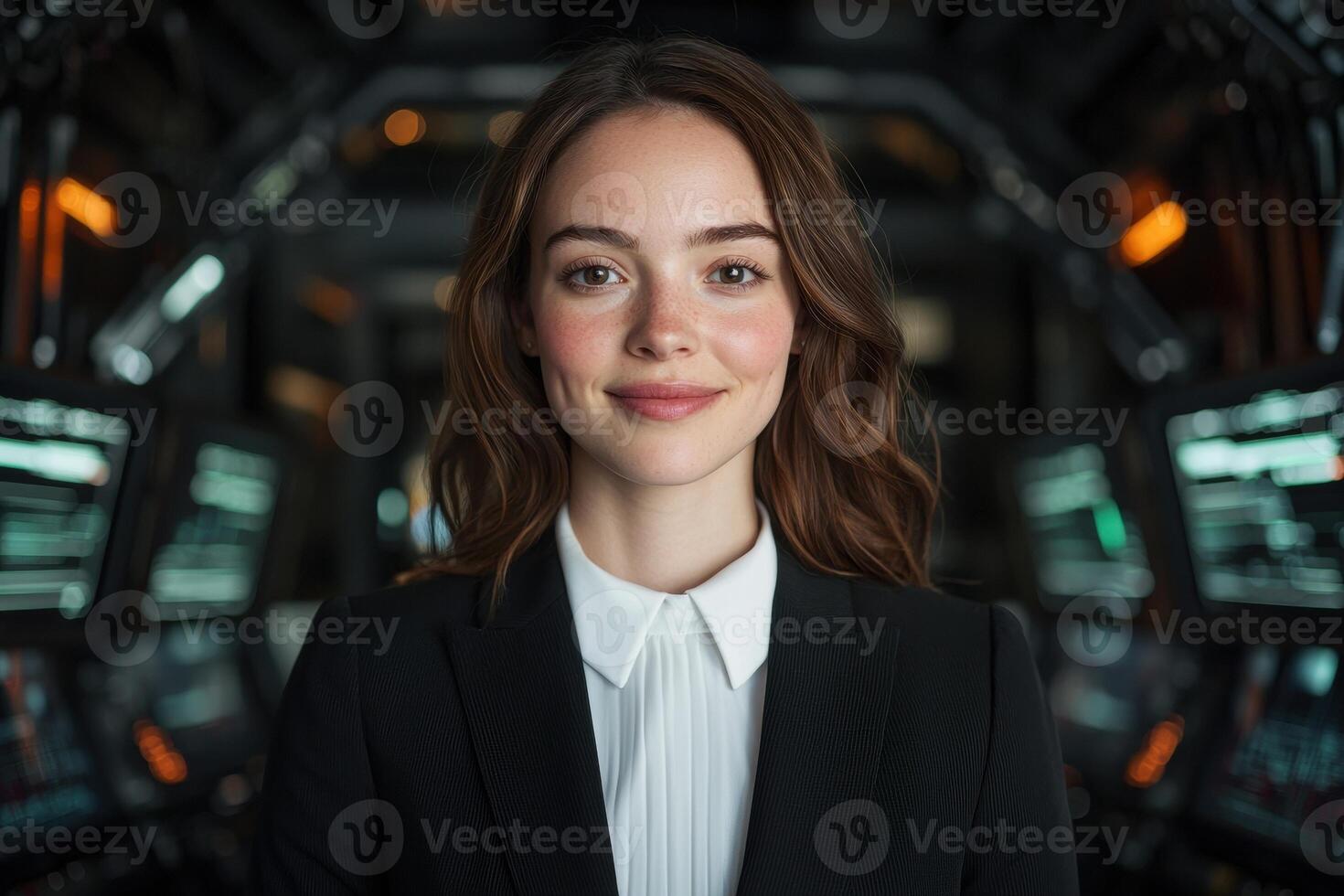 Confident young businesswoman in a modern office setting photo
