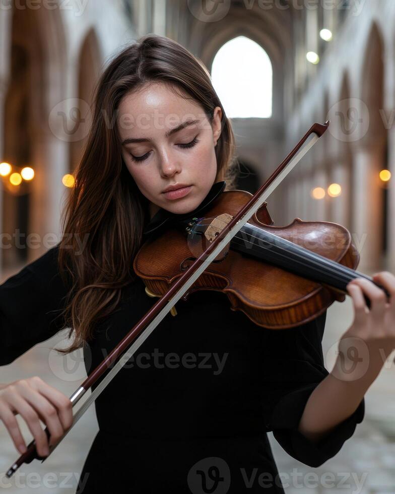 A woman playing the violin in an old church photo