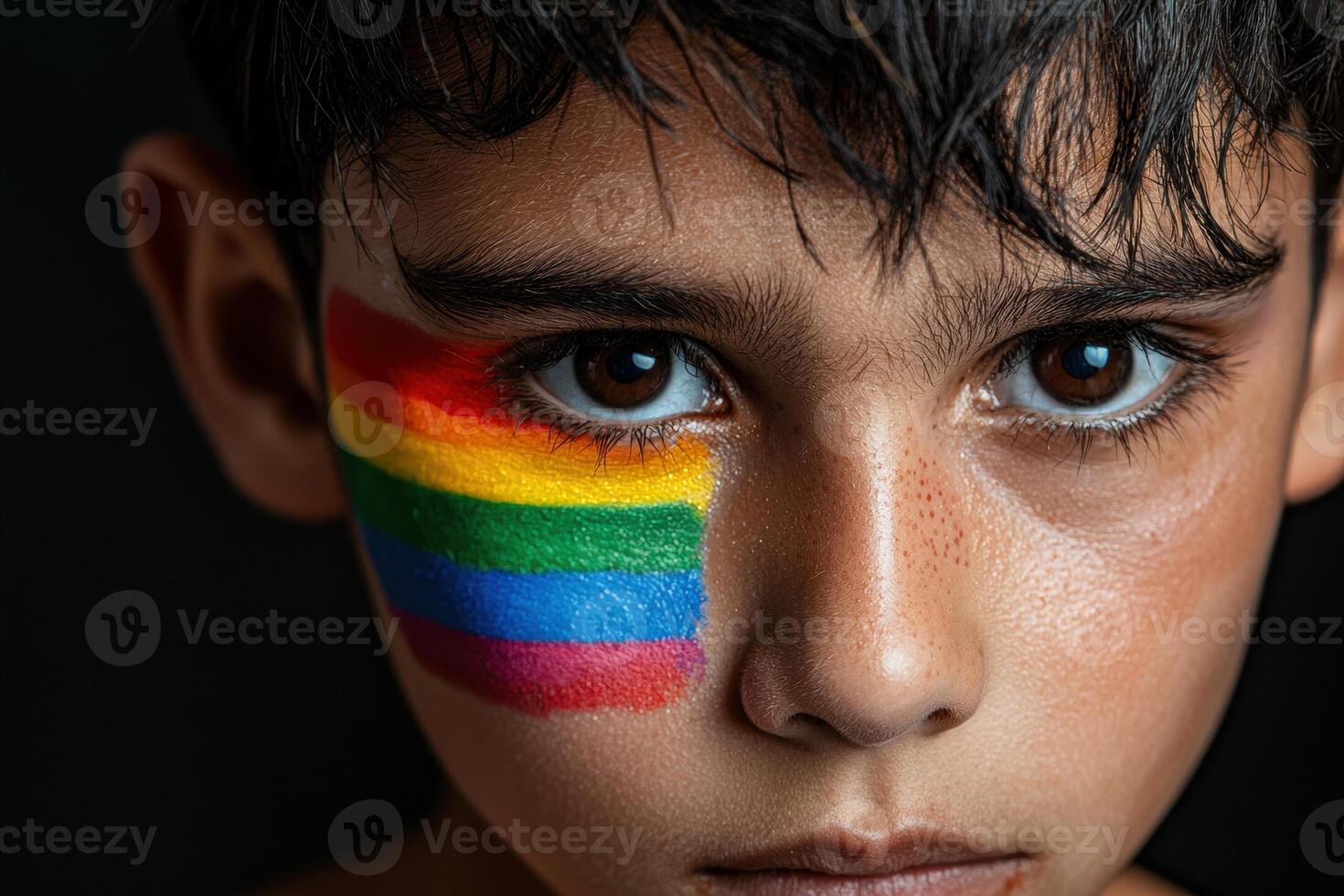 Close up portrait of a young boy with a rainbow painted on his face, symbolizing LGBTQ pride photo