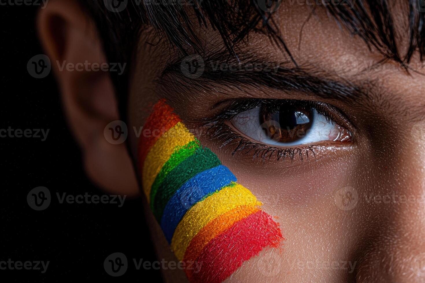 Close up of a persons eye with a rainbow painted on their cheek, showing pride and support for the lgbtq community photo