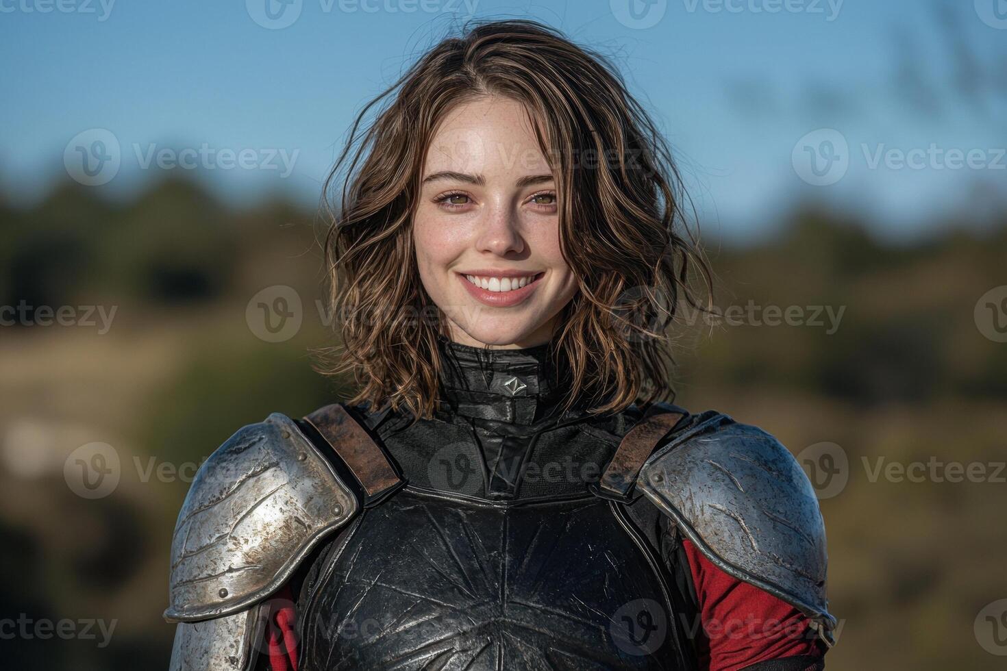 Smiling female warrior in medieval armor photo