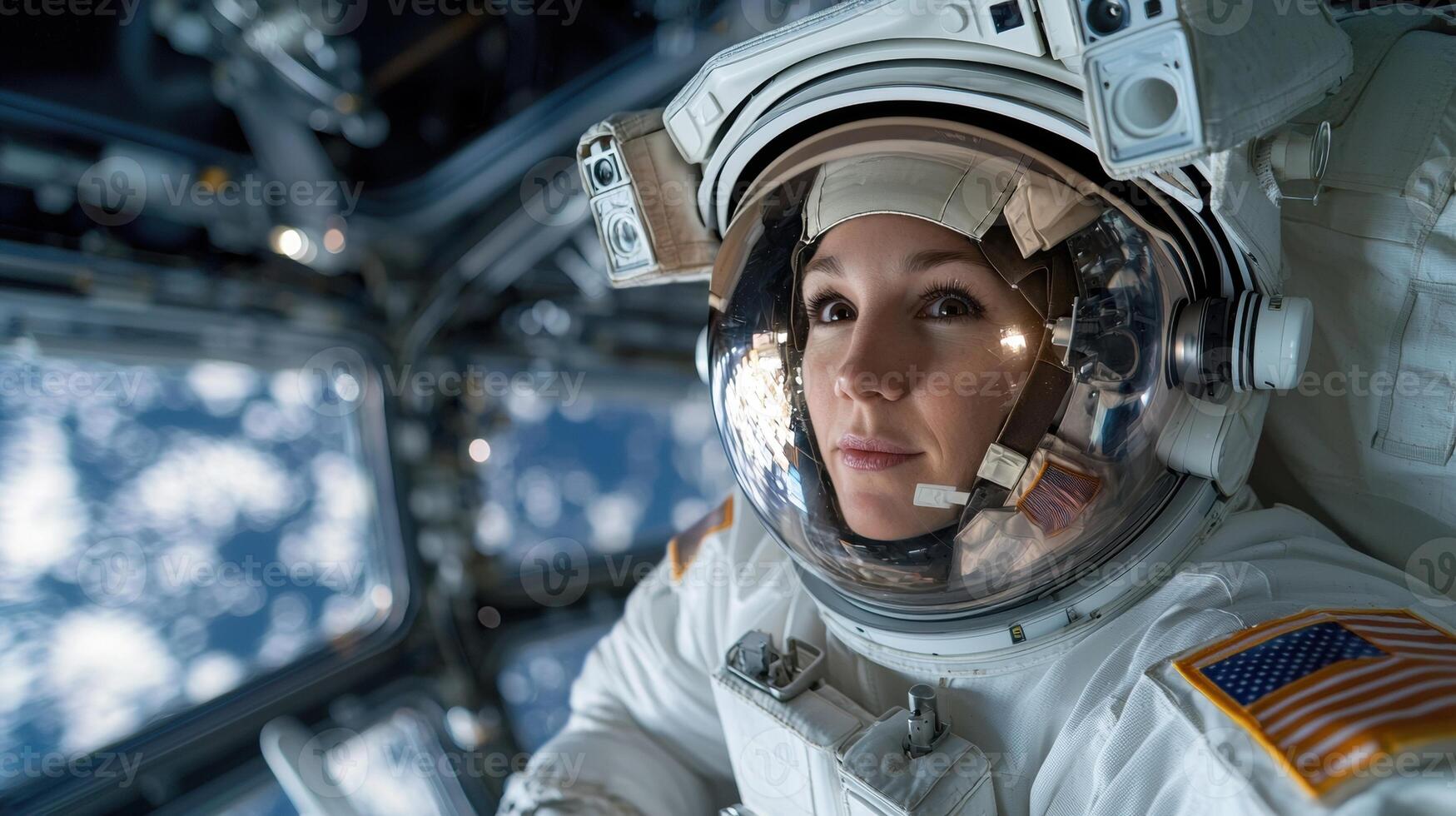 Female astronaut looking out at Earth from a spaceship window photo