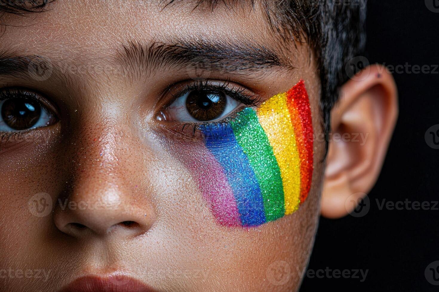 Close up portrait of a child with a rainbow painted on their face, supporting lgbtq pride photo