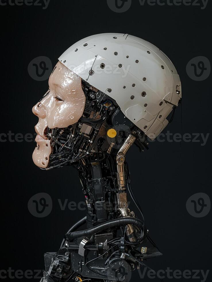 Close up of a female android robot head and shoulders, showing intricate mechanical details photo