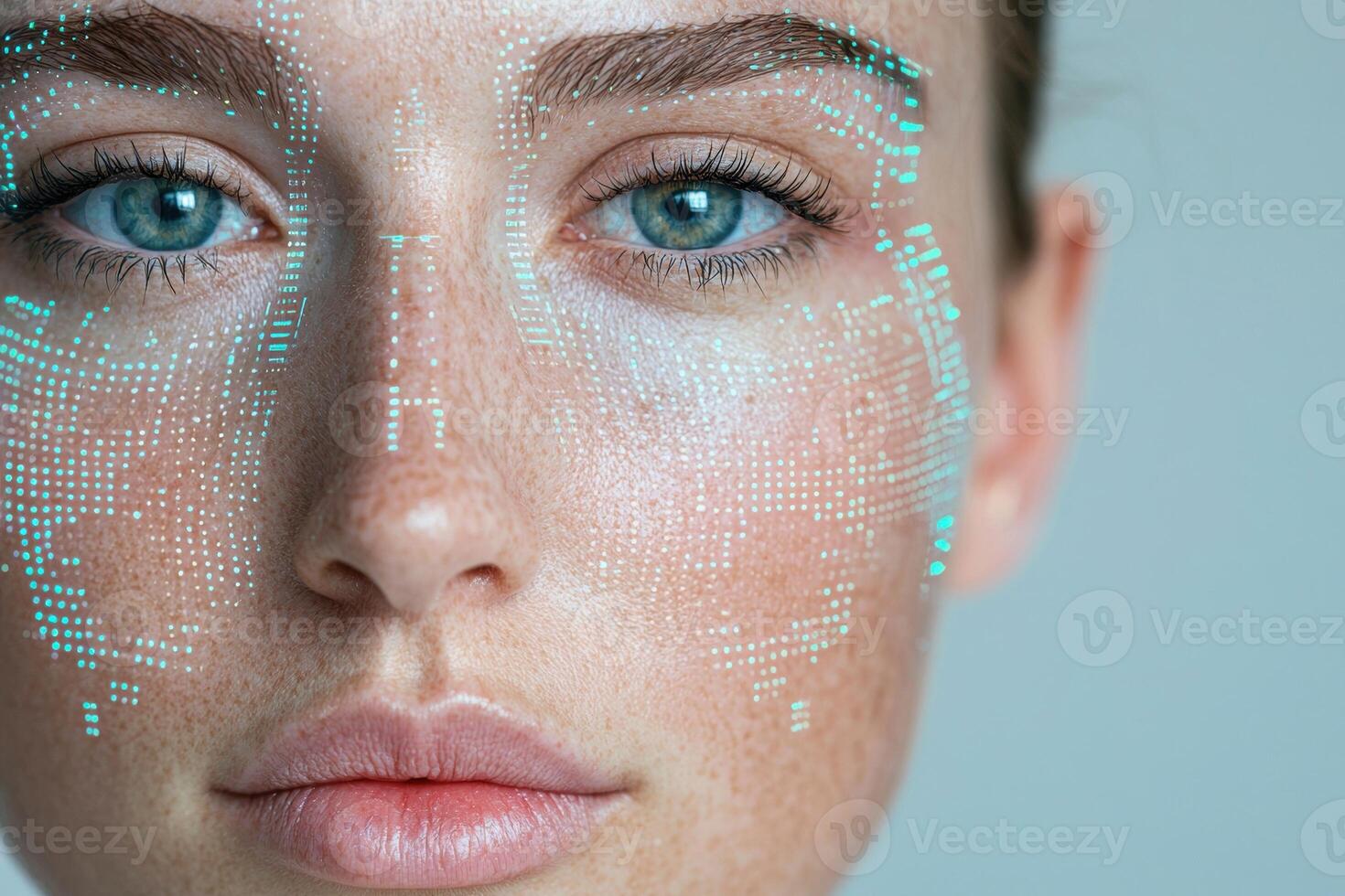 Close up of a womans face with futuristic digital patterns, artificial intelligence, technology, and beauty concept photo
