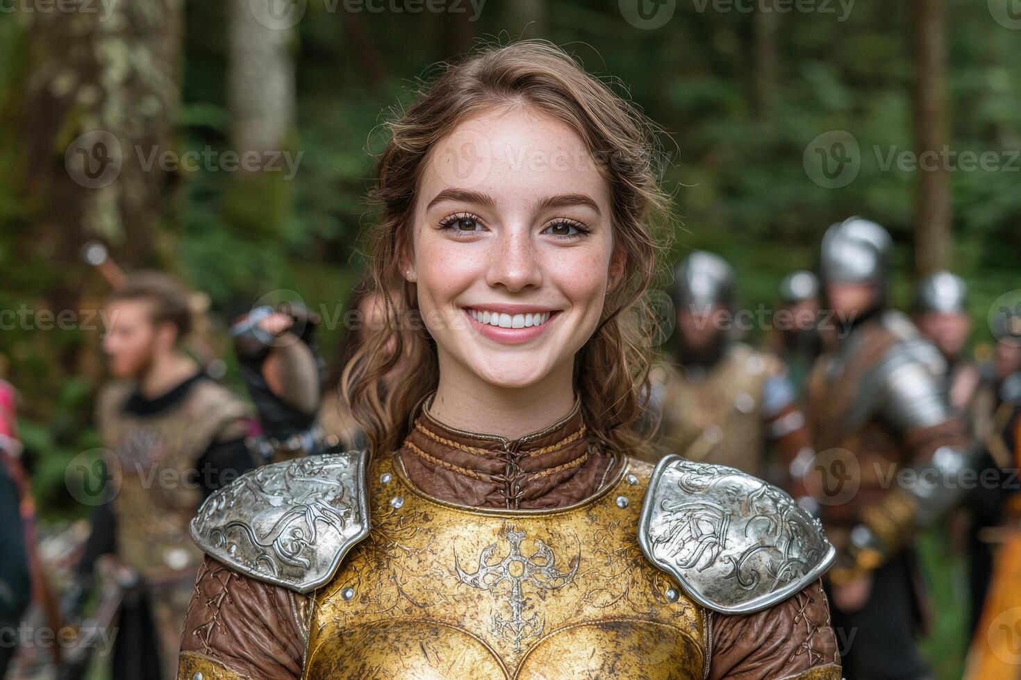 Smiling female warrior in medieval armor photo