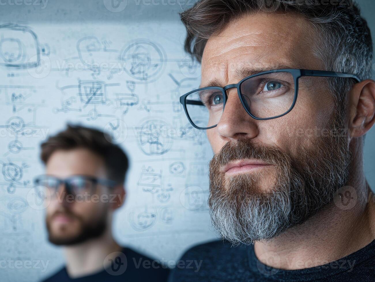 Two colleagues brainstorming innovative ideas on a whiteboard, a close up on the older man photo