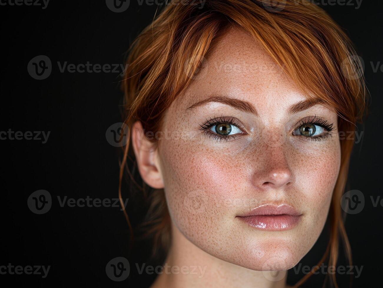 Close up portrait of a beautiful redhead woman with freckles photo