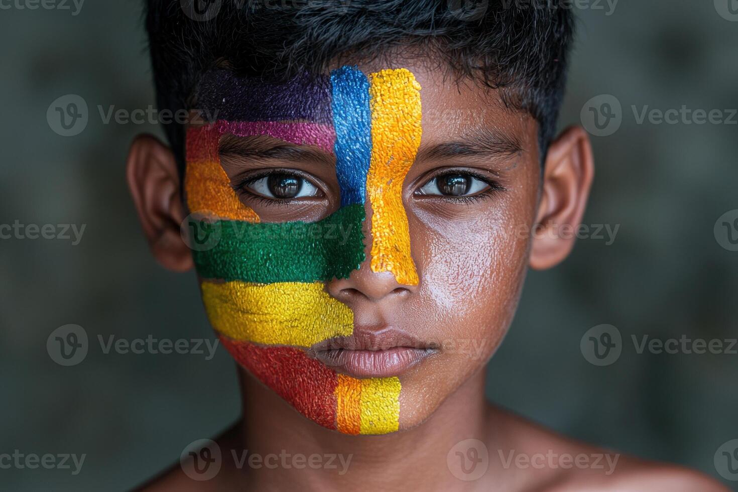 Close up portrait of a young boy with colorful face paint photo