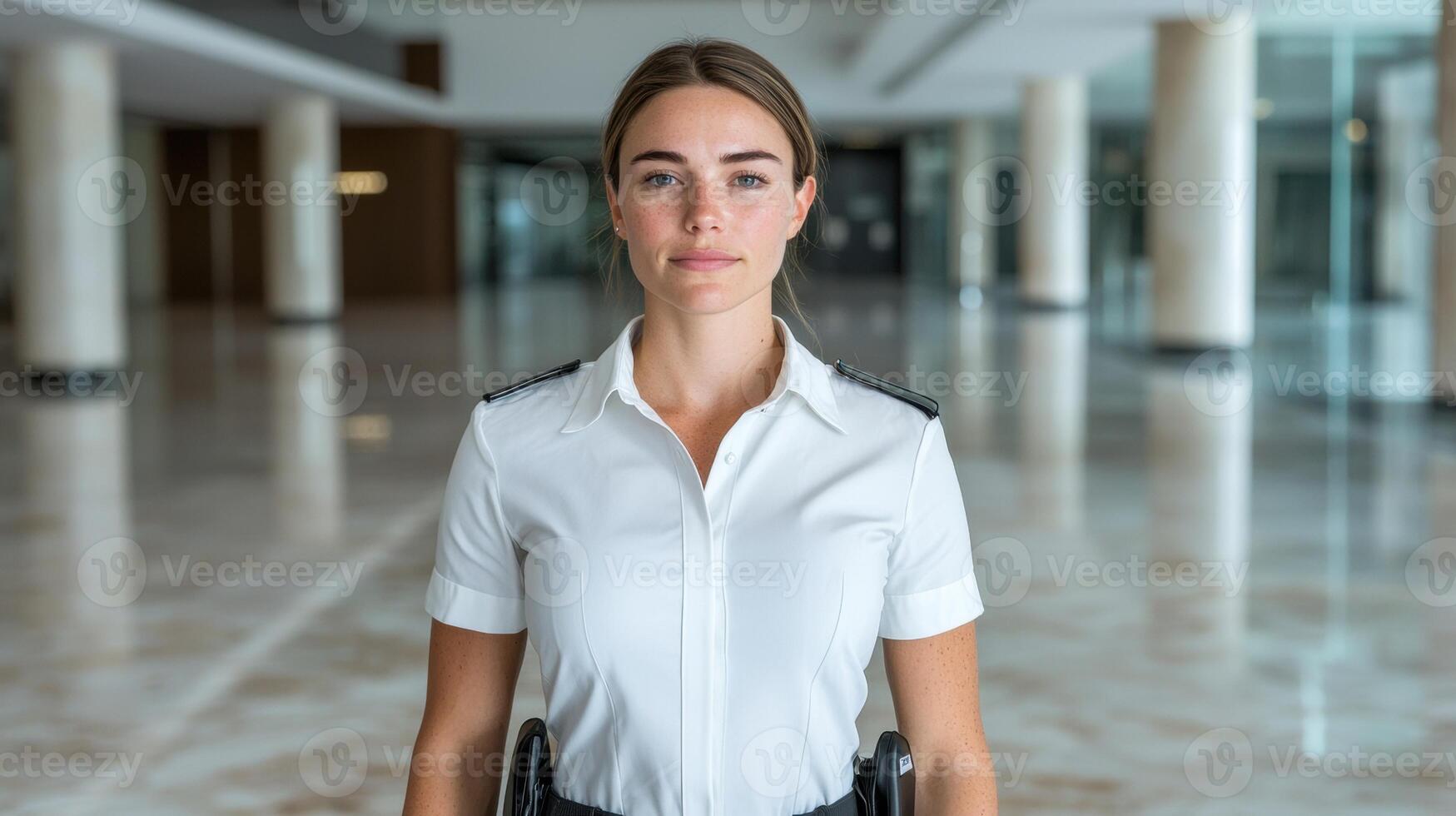 Confident female security guard standing in a modern building photo