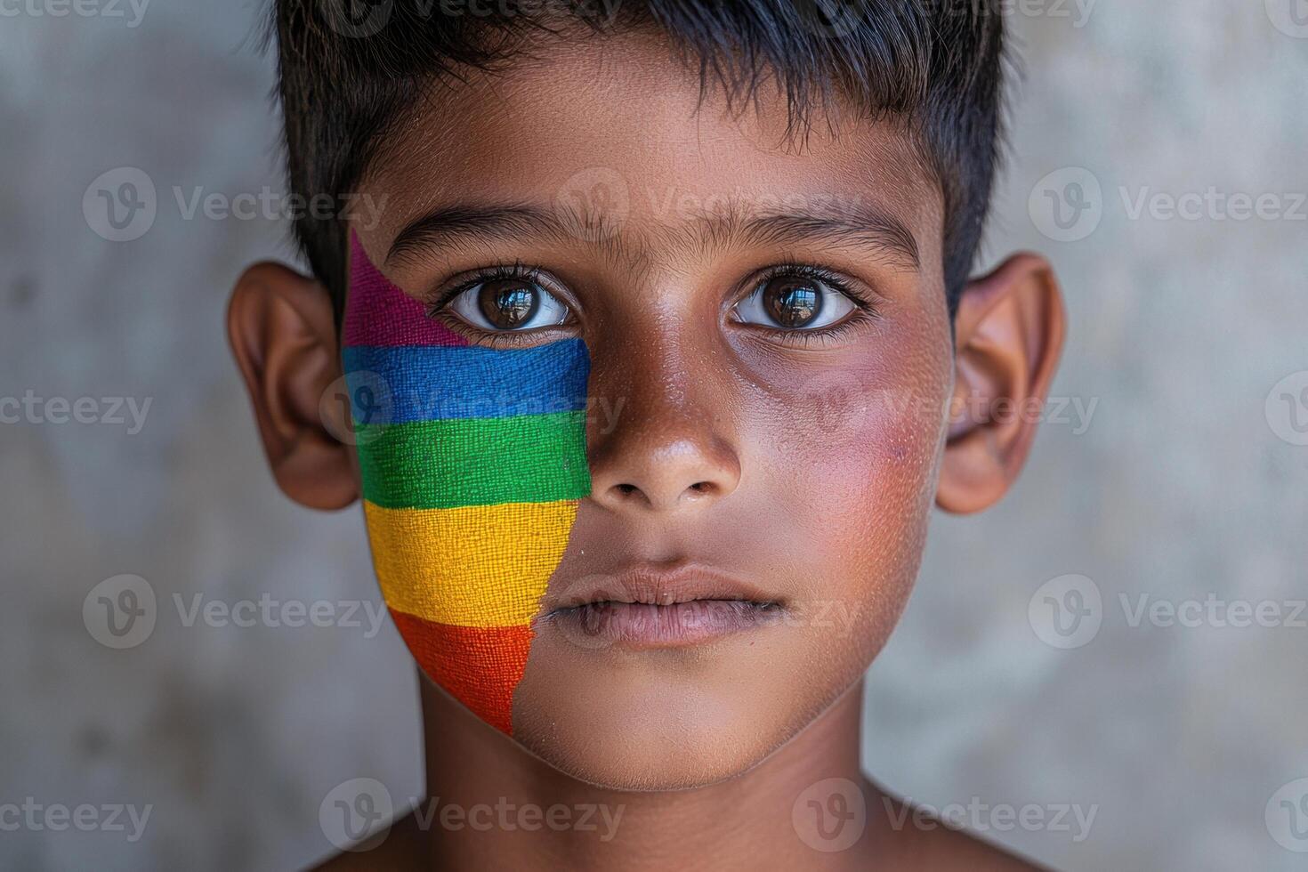Close up portrait of a young boy with a rainbow painted on his face photo