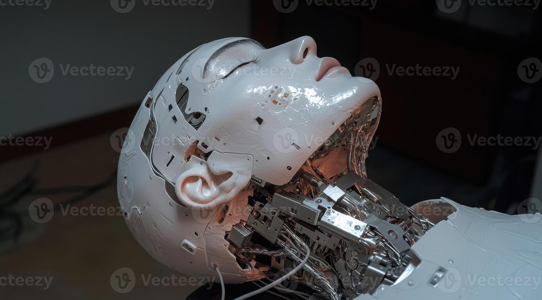Close up of a female androids head and neck, showing intricate internal mechanics photo