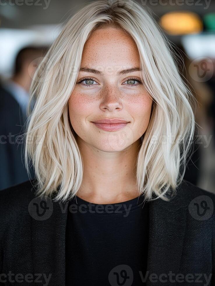 Confident young woman with blonde bob haircut in a black blazer photo