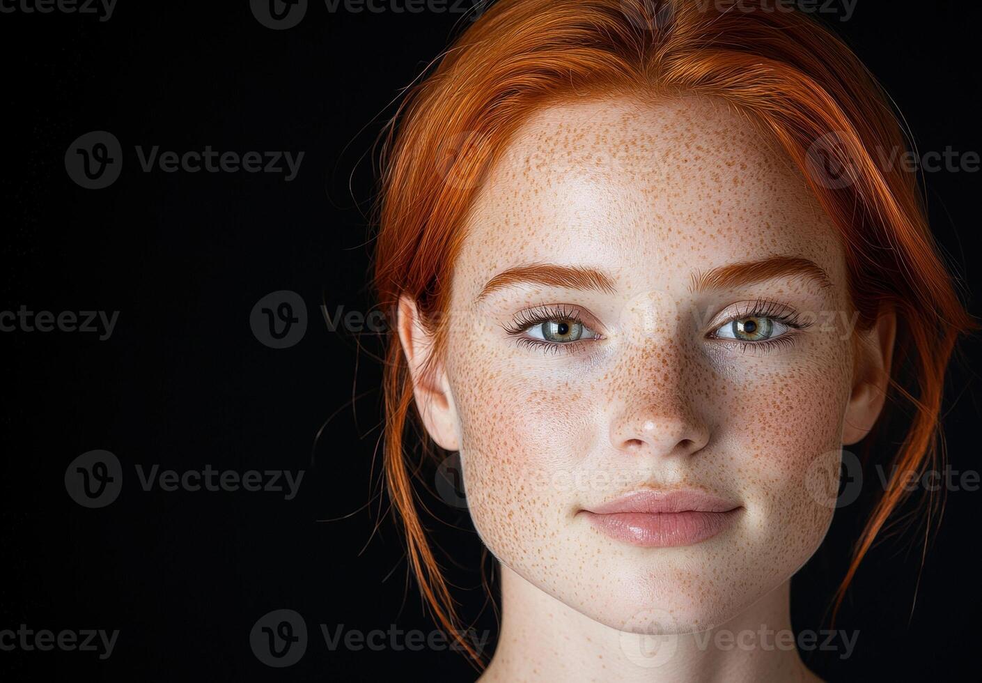 Close up portrait of a beautiful redhead woman with freckles photo