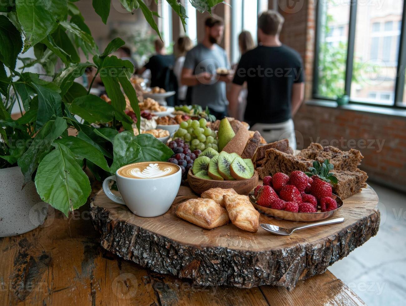 Coffee and pastries on a rustic wooden board with fruit and bread photo