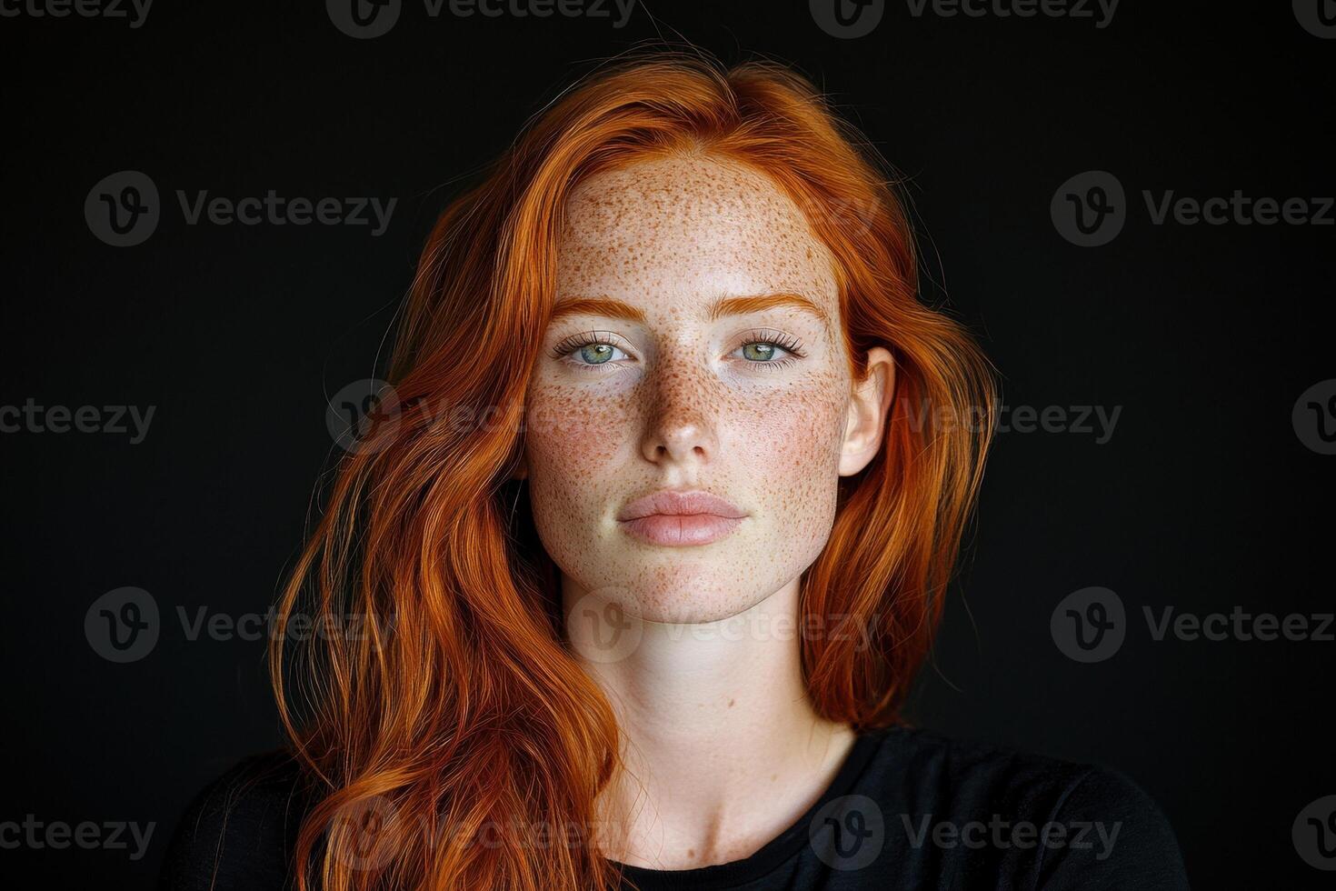 Portrait of a beautiful young redhead woman with freckles against a black background photo