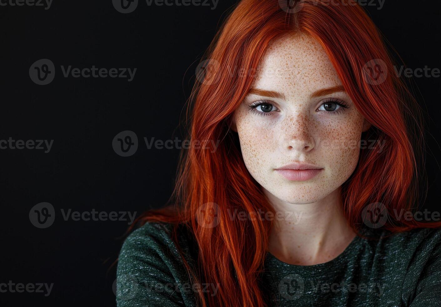 Portrait of a young woman with freckles and long red hair photo