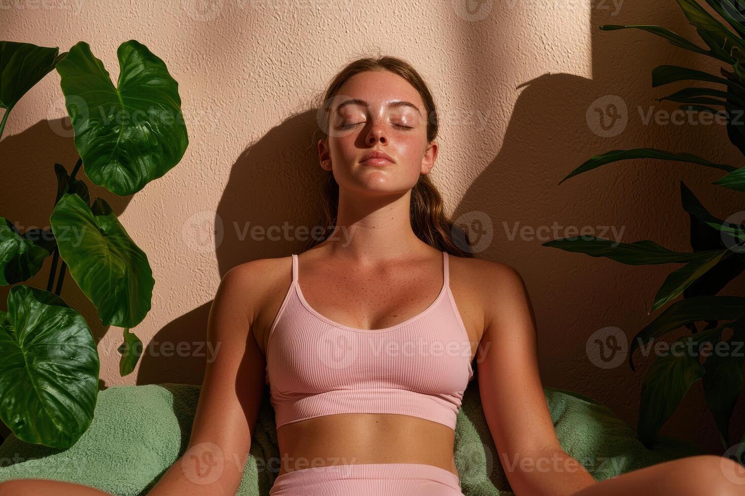 Woman meditating in peaceful yoga pose surrounded by plants photo