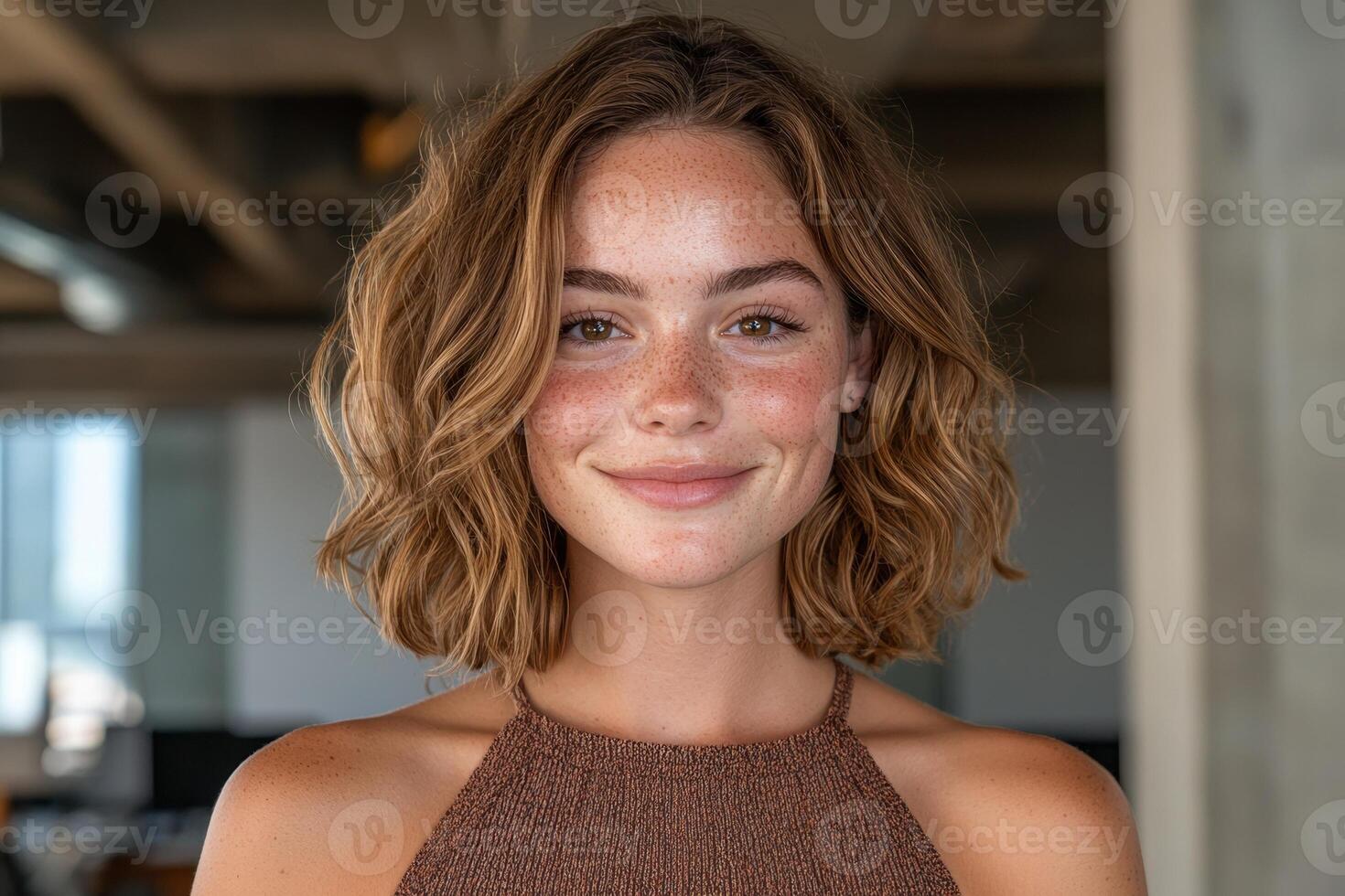 Portrait of a smiling young woman with freckles and a bob haircut photo