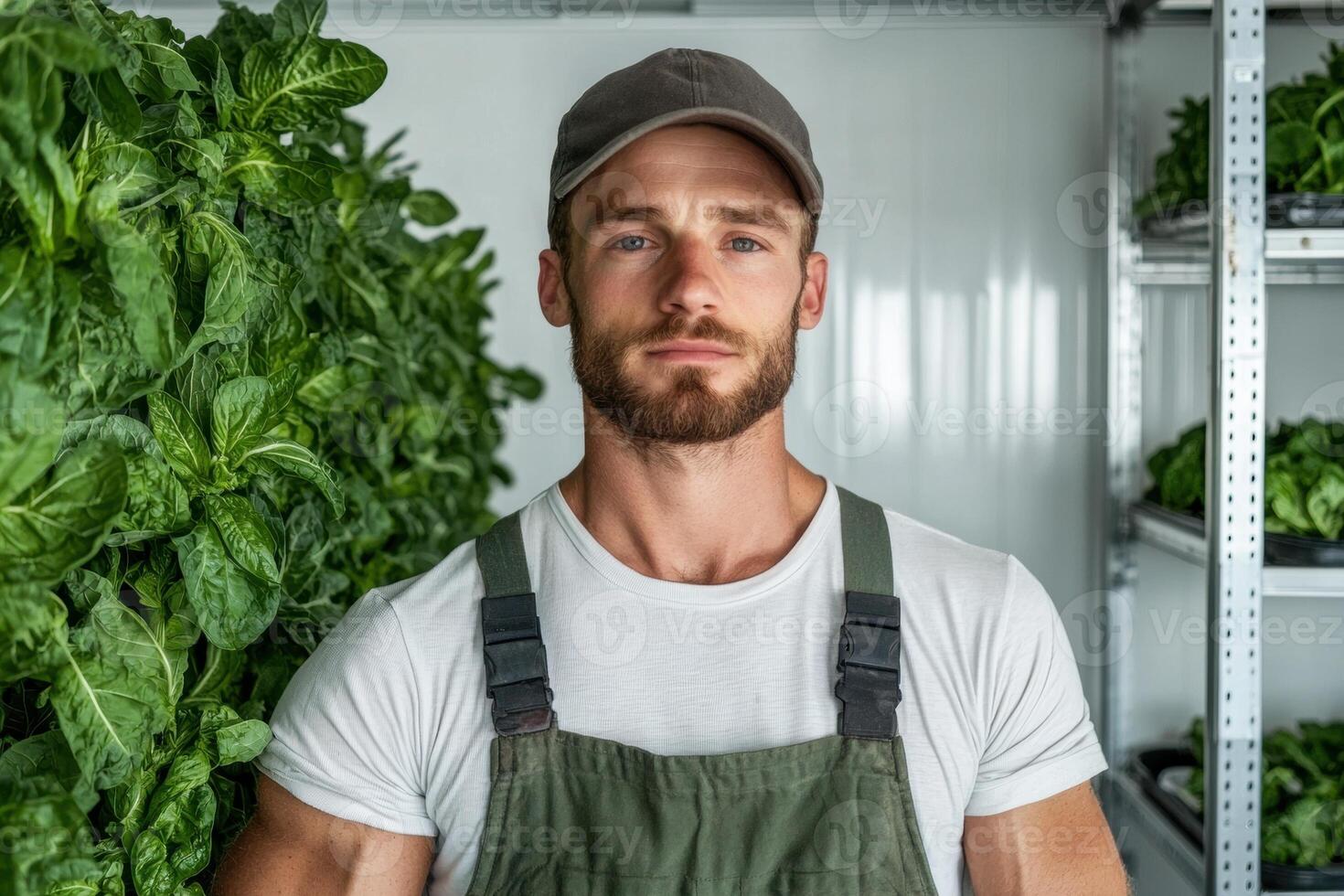 Portrait of a young farmer standing in front of a vertical farm photo