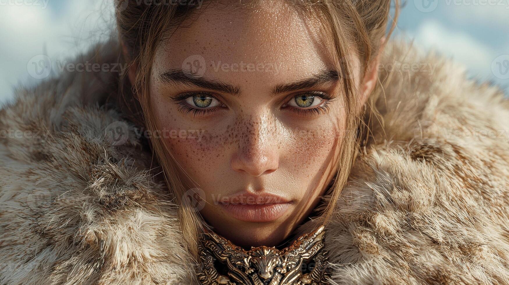 Close up portrait of a woman with freckles and intense green eyes, wearing a fur collar and gold necklace photo