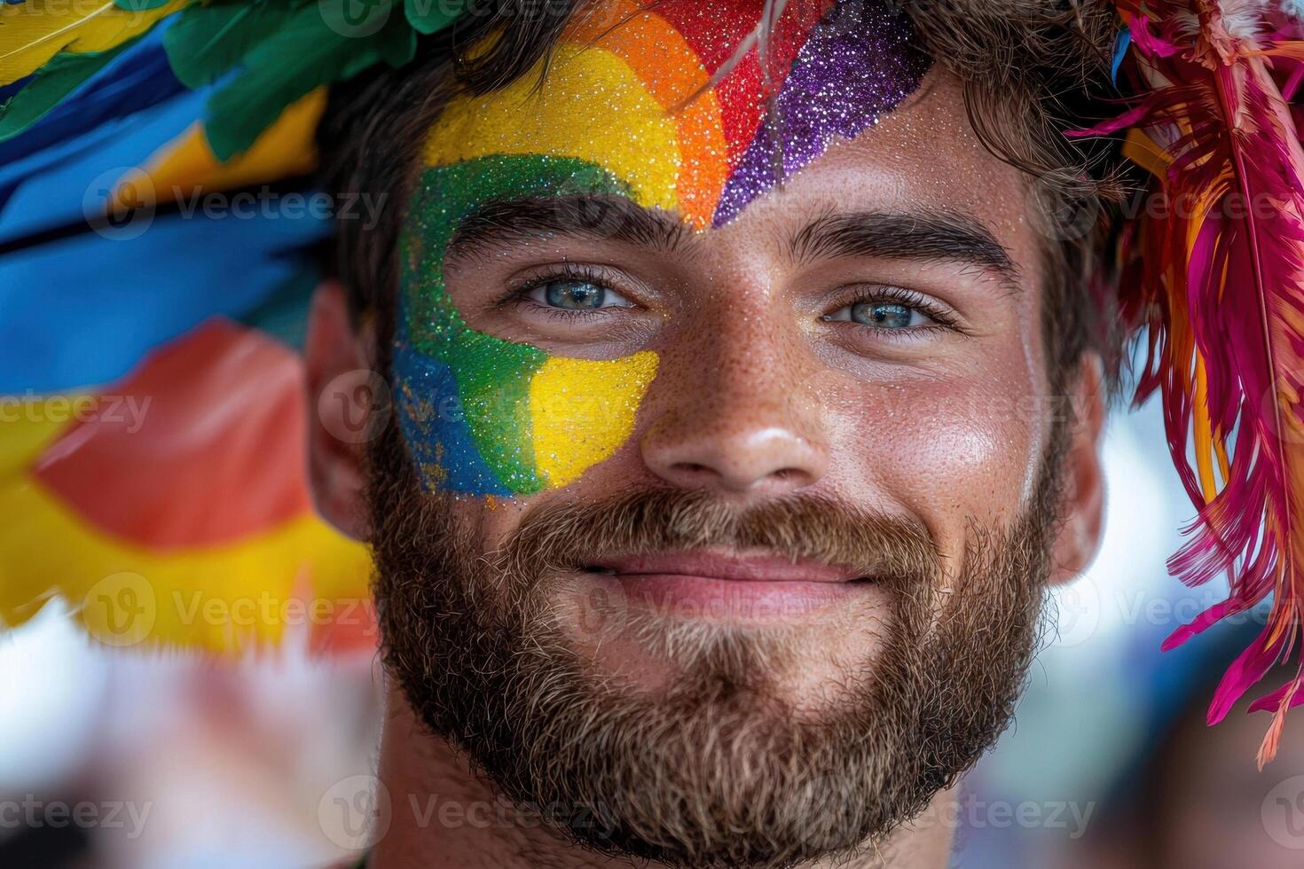 Smiling man with rainbow glitter face paint at a pride parade photo